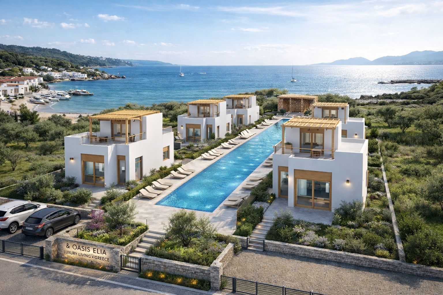 Visualisierung der Anlage Alonia Bay mit Pool und Blick auf das Meer