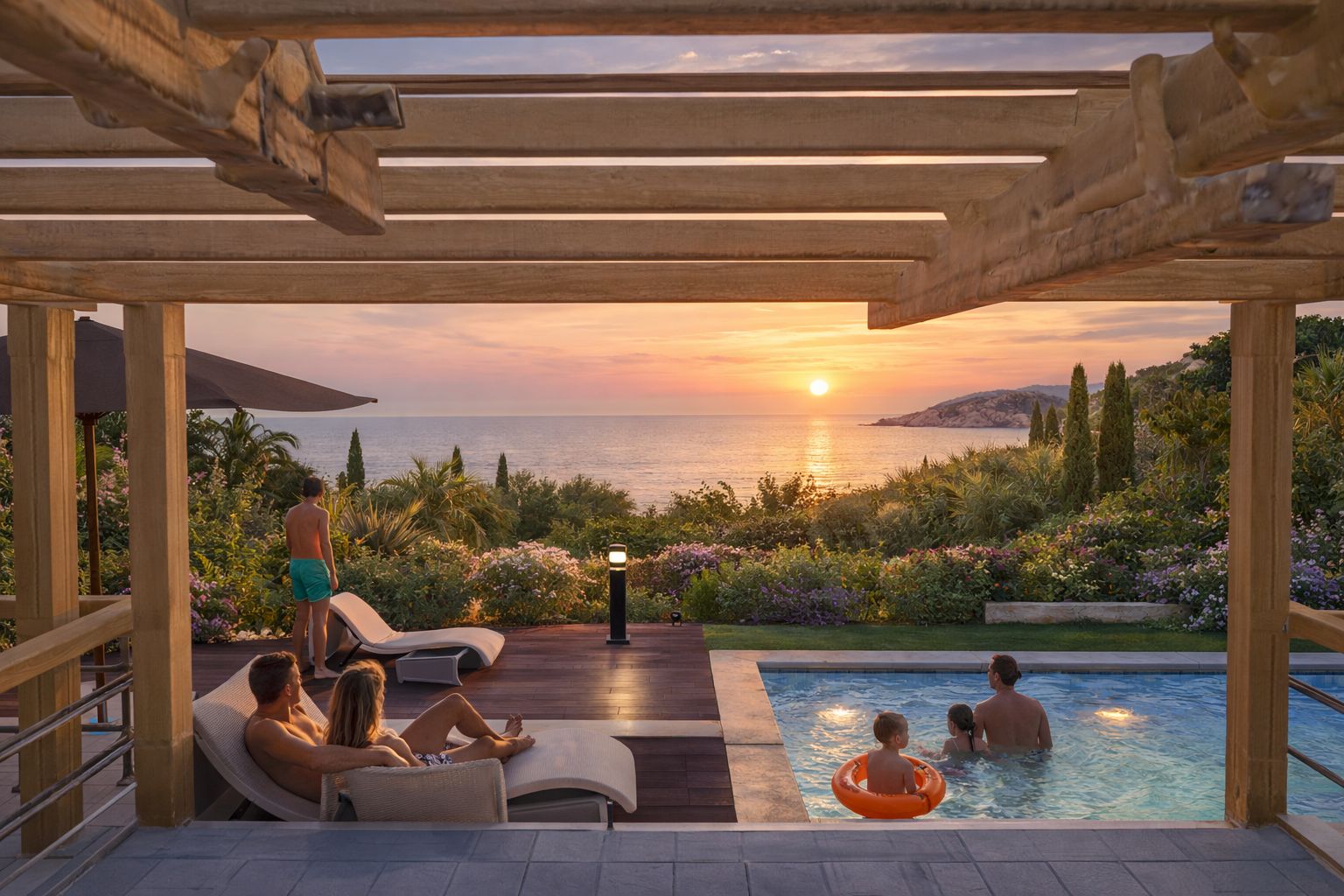 Blick von der Pergola über den Pool auf das Meer